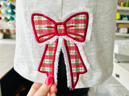Fringed Christmas Gingham Plaid Bow