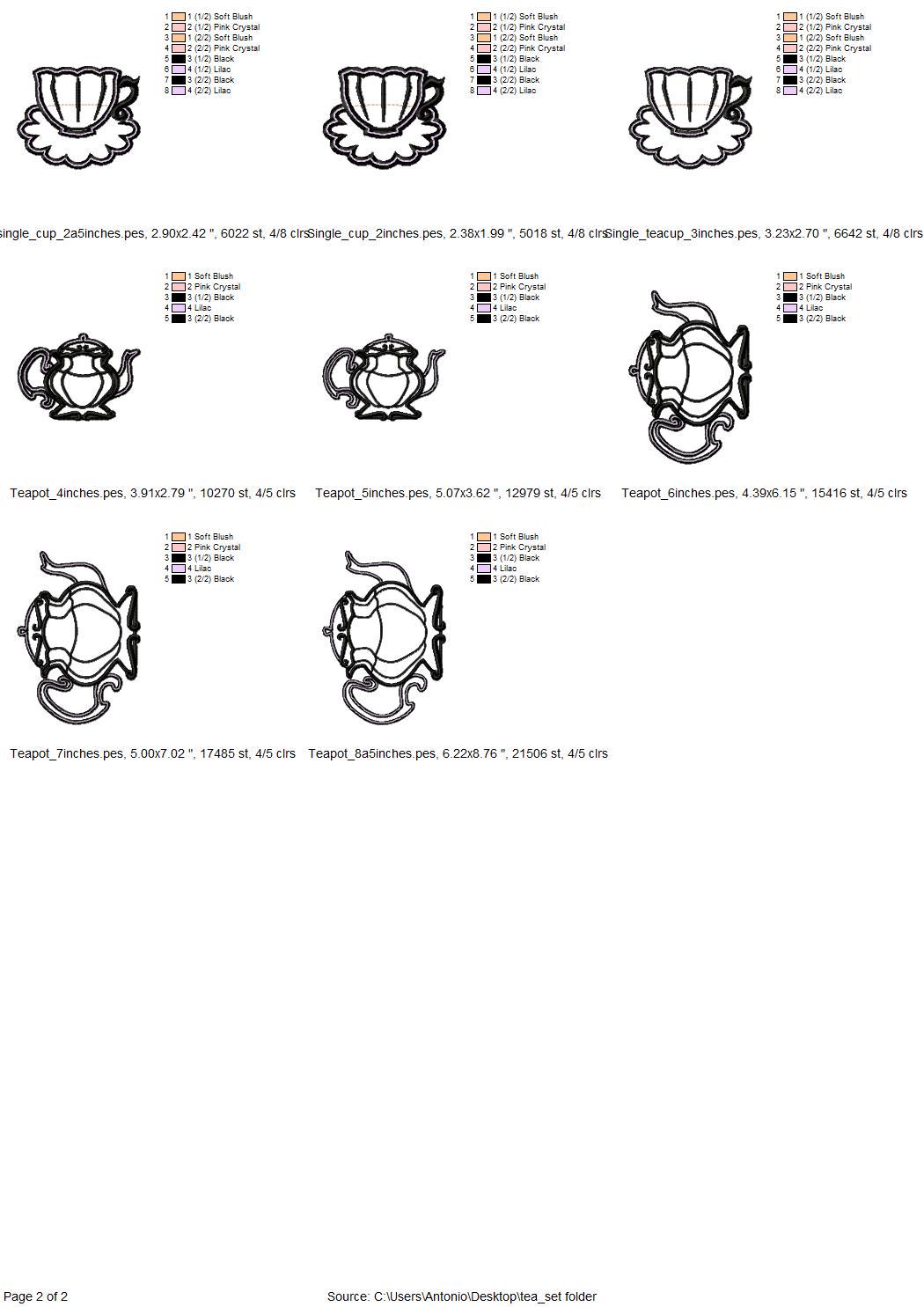 Tea Party Teapot and Stacked teacups Applique SET of 7 types curved