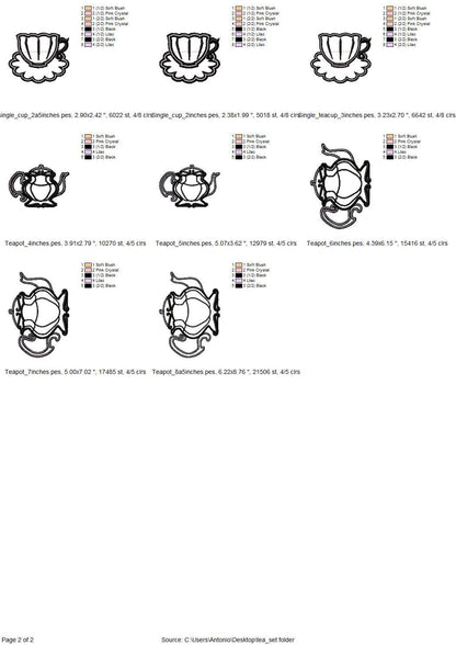 Tea Party Teapot and Stacked teacups Applique SET of 7 types curved