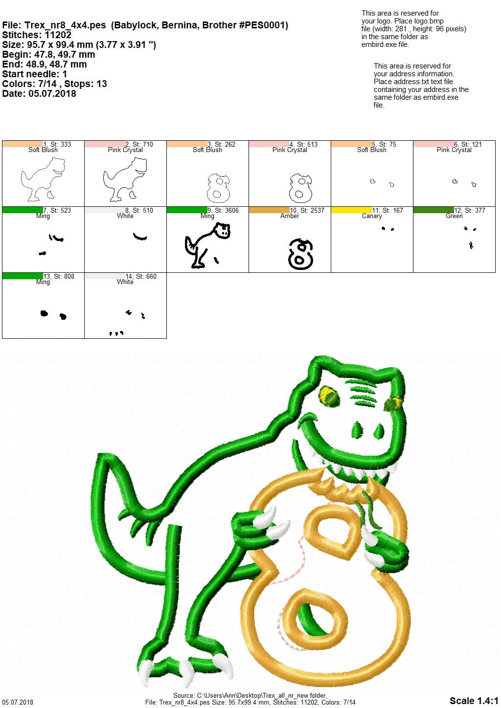 T-rex dinosaur Birthday number EIGHT 8 machine embroidery Birtday