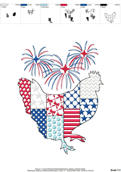 Patchwork Farm Chicken silhouette outline and Fireworks patterned