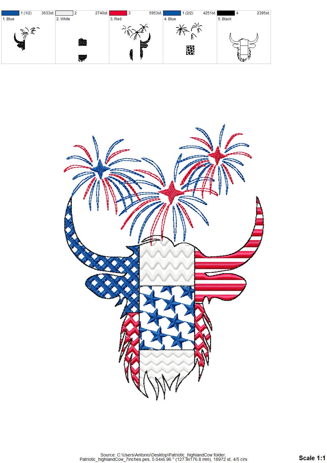 Patchwork Highland Cow Bull farm animal patterned outline and Fireworks