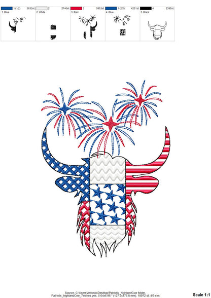 Patchwork Highland Cow Bull farm animal patterned outline and Fireworks
