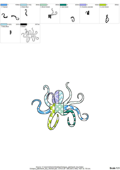 Patchwork Octopus patterned sea ocean fish animal Tentacles outline