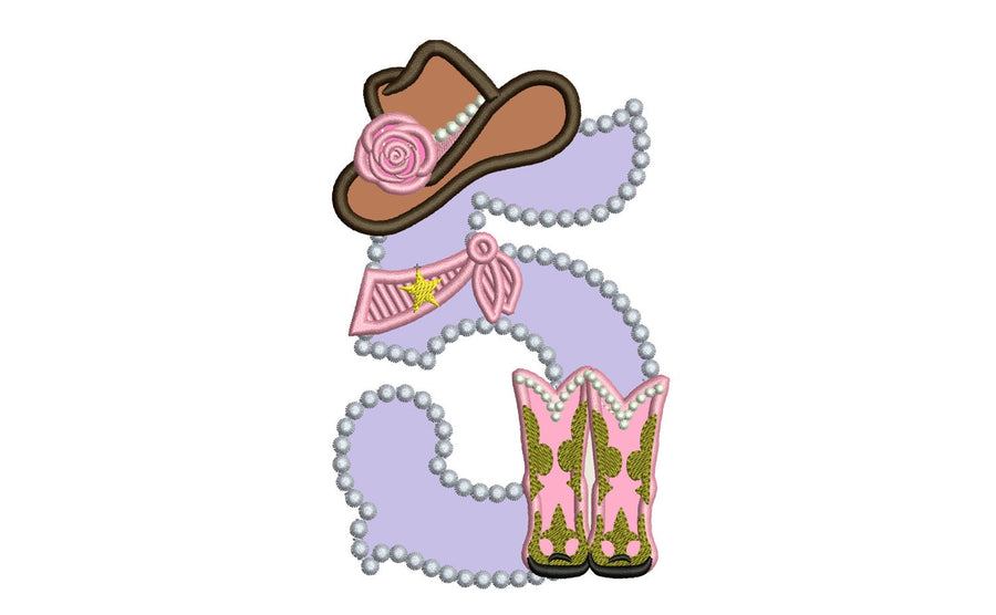 Lady Cowboy Birthday number FIVE 5 one number machine embroidery