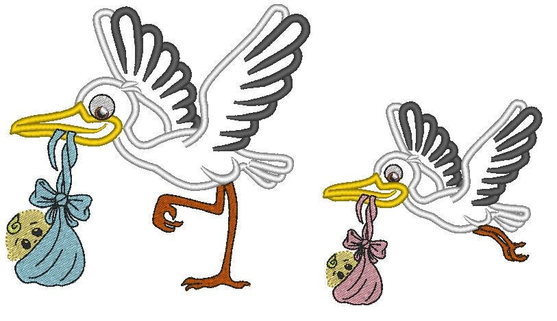 Stork carrying baby Maternity Pregnancy Machine embroidery applique
