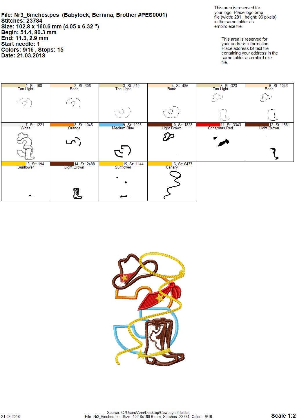 Little Cowboy Birthday Number 3 THREE wide satin stitch Applique