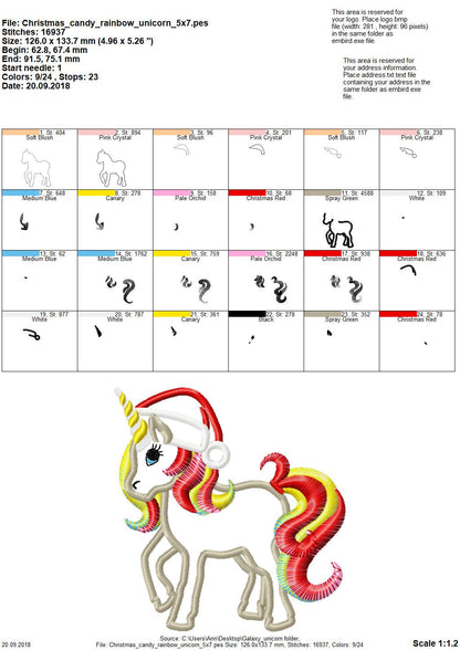 Christmas Rainbow Unicorn Santa hat Applique machine embroidery designs