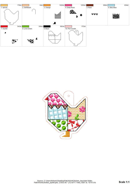 Patchwork Folk Chicken 2 types Eyelet and Key Fob snap tab ITH in the