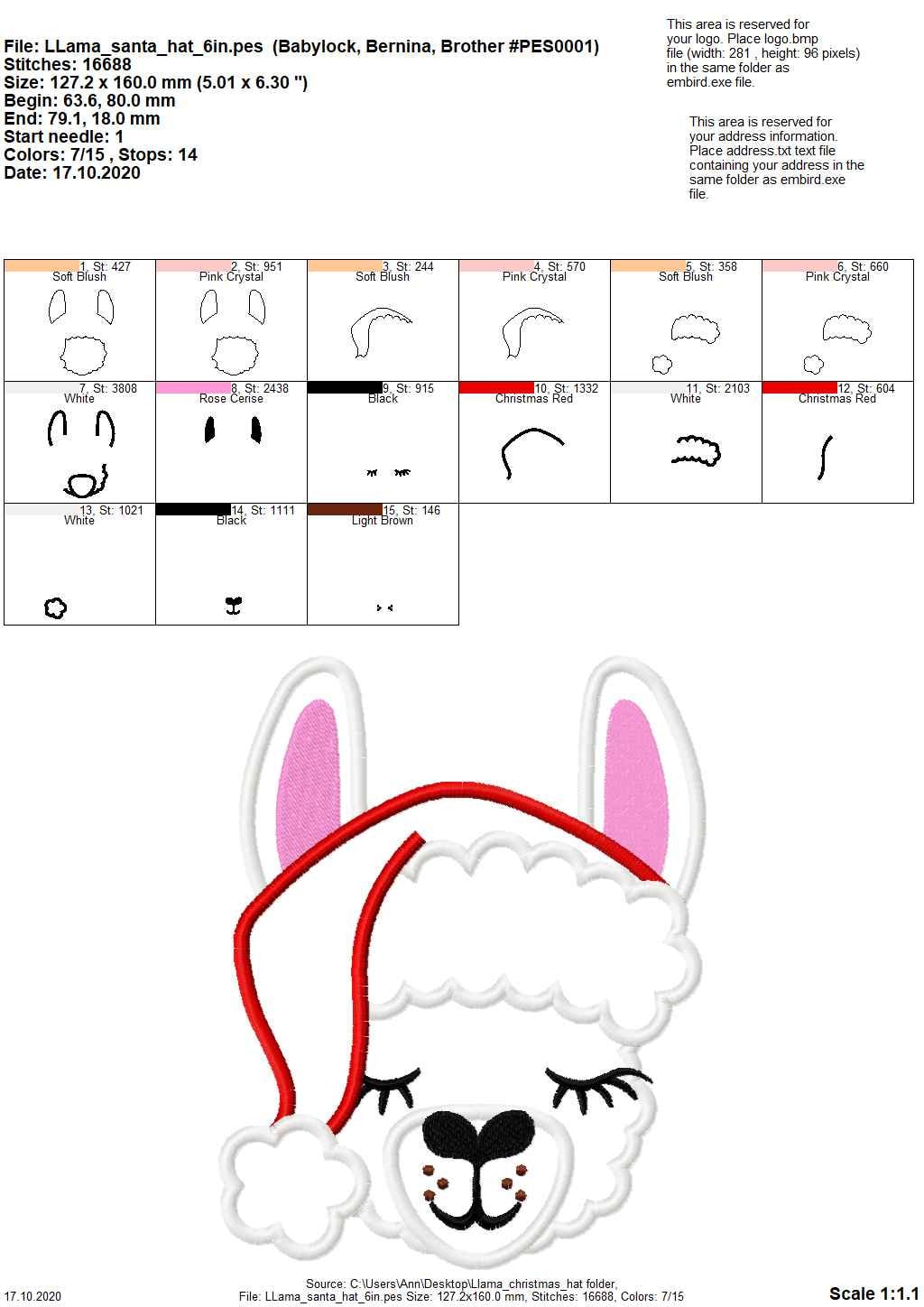 Christmas hat llama applique embroidery, Llama alpaca with winter Santa