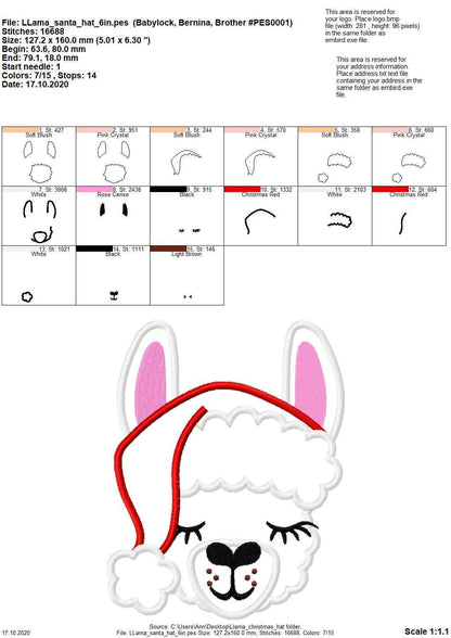 Christmas hat llama applique embroidery, Llama alpaca with winter Santa