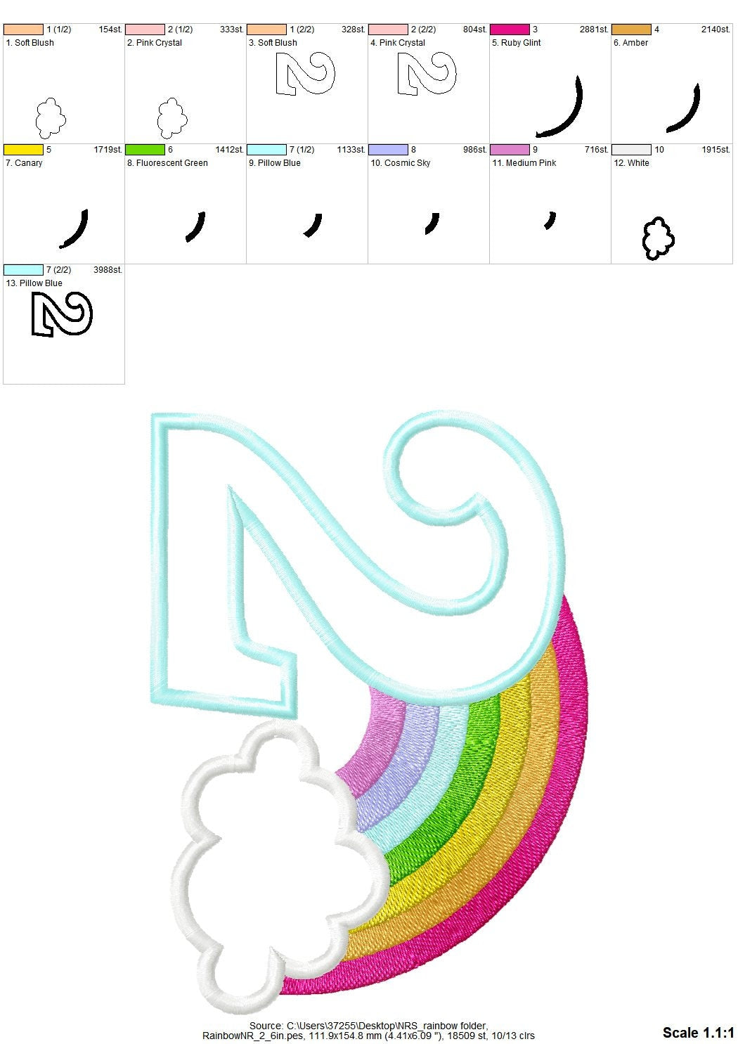 Rainbow In Cloud Birthday Number Two Applique