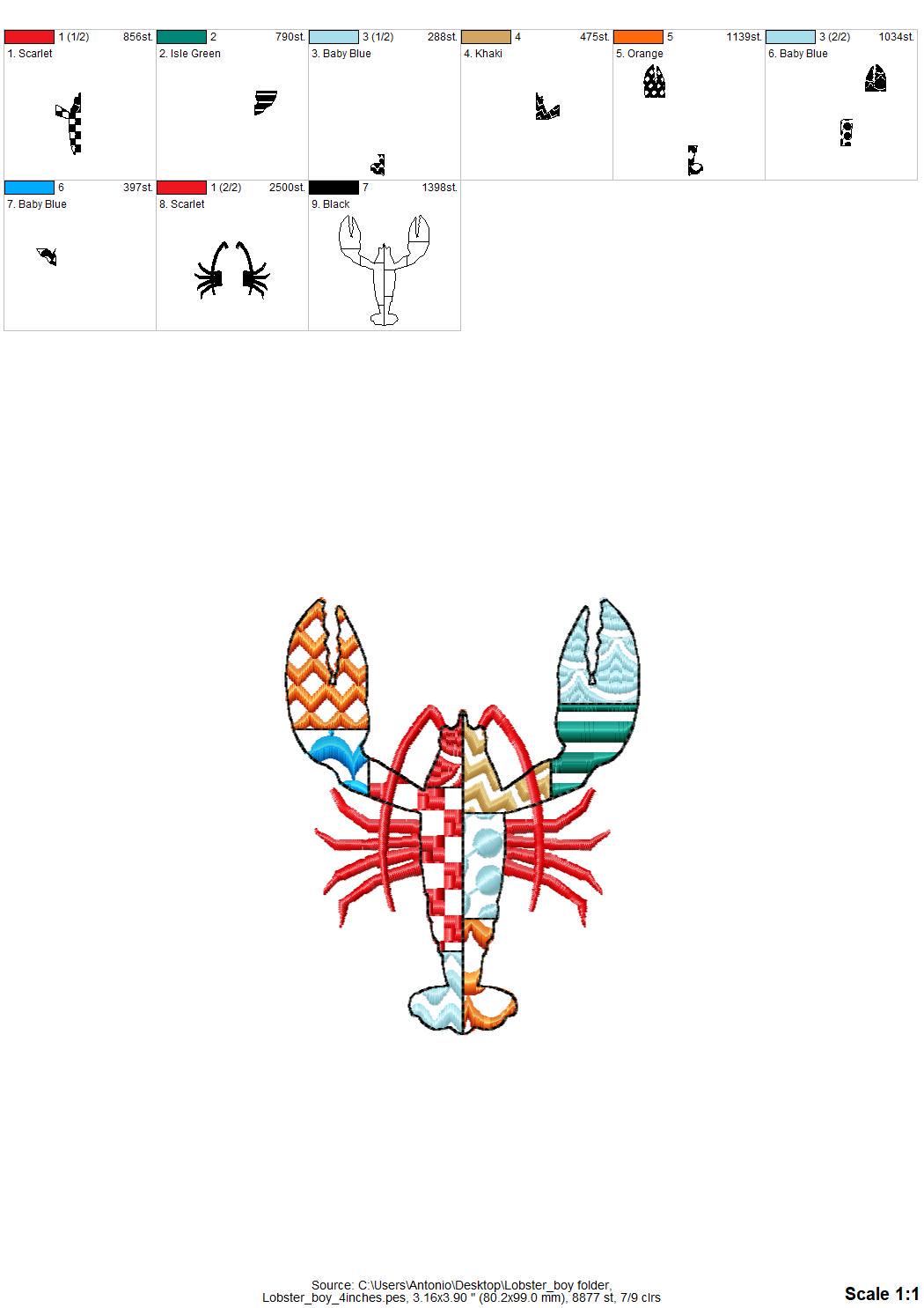 Patchwork Lobster Crawfish patterned sea ocean fish outline boy machine