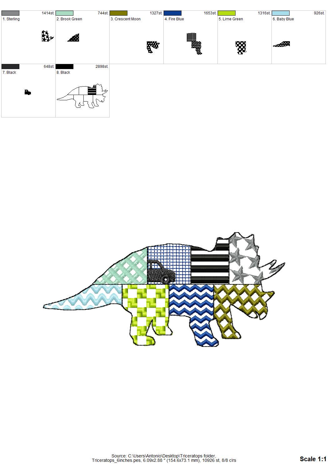 Patchwork Triceratops Dinosaur Jurassic animal Dino silhouette