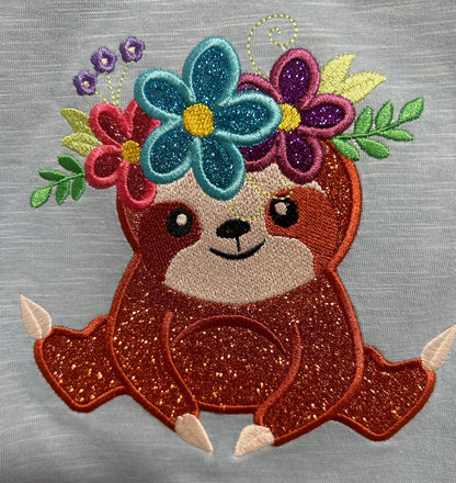 Sloth with floral crown wreath of flowers applique machine embroidery