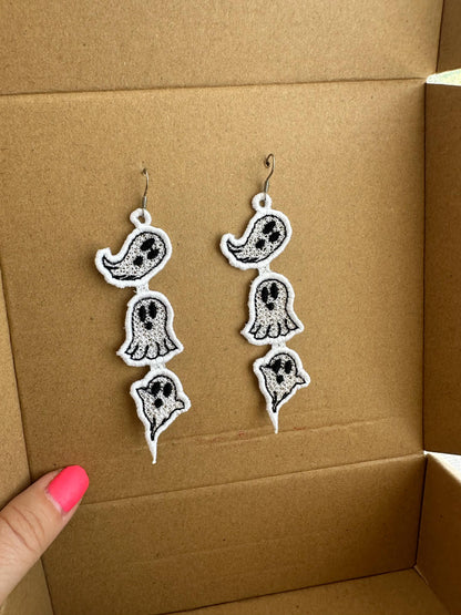 Spooky Ghosts in a row dangle Earrings ITH in the hoop FSL freestanding