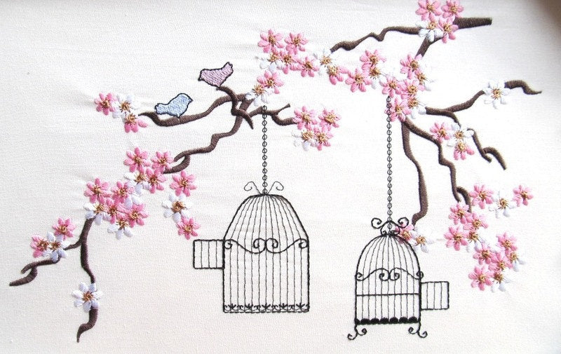 Cherry Blossom mini Flowers Birds and Cage awesome machine embroidery