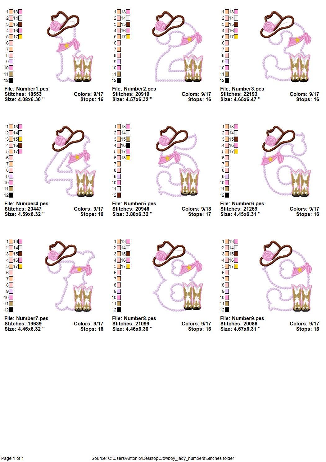 Lady Cowboy Birthday numbers whole set of numbers 1-9 Applique machine