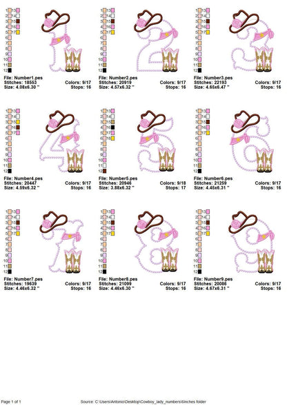 Lady Cowboy Birthday numbers whole set of numbers 1-9 Applique machine