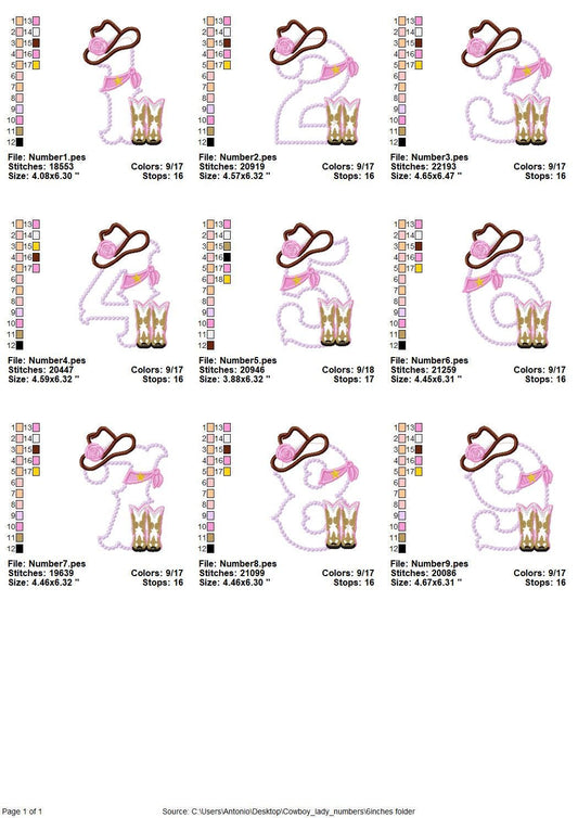 Lady Cowboy Birthday numbers whole set of numbers 1-9 Applique machine