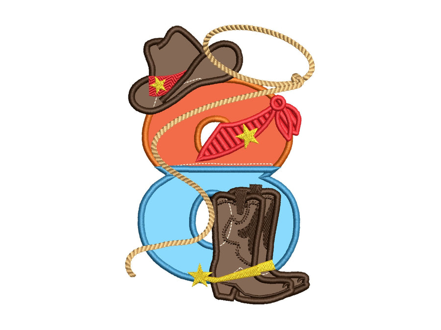 Little Cowboy Birthday Number 8 EIGHT wide satin stitch Applique
