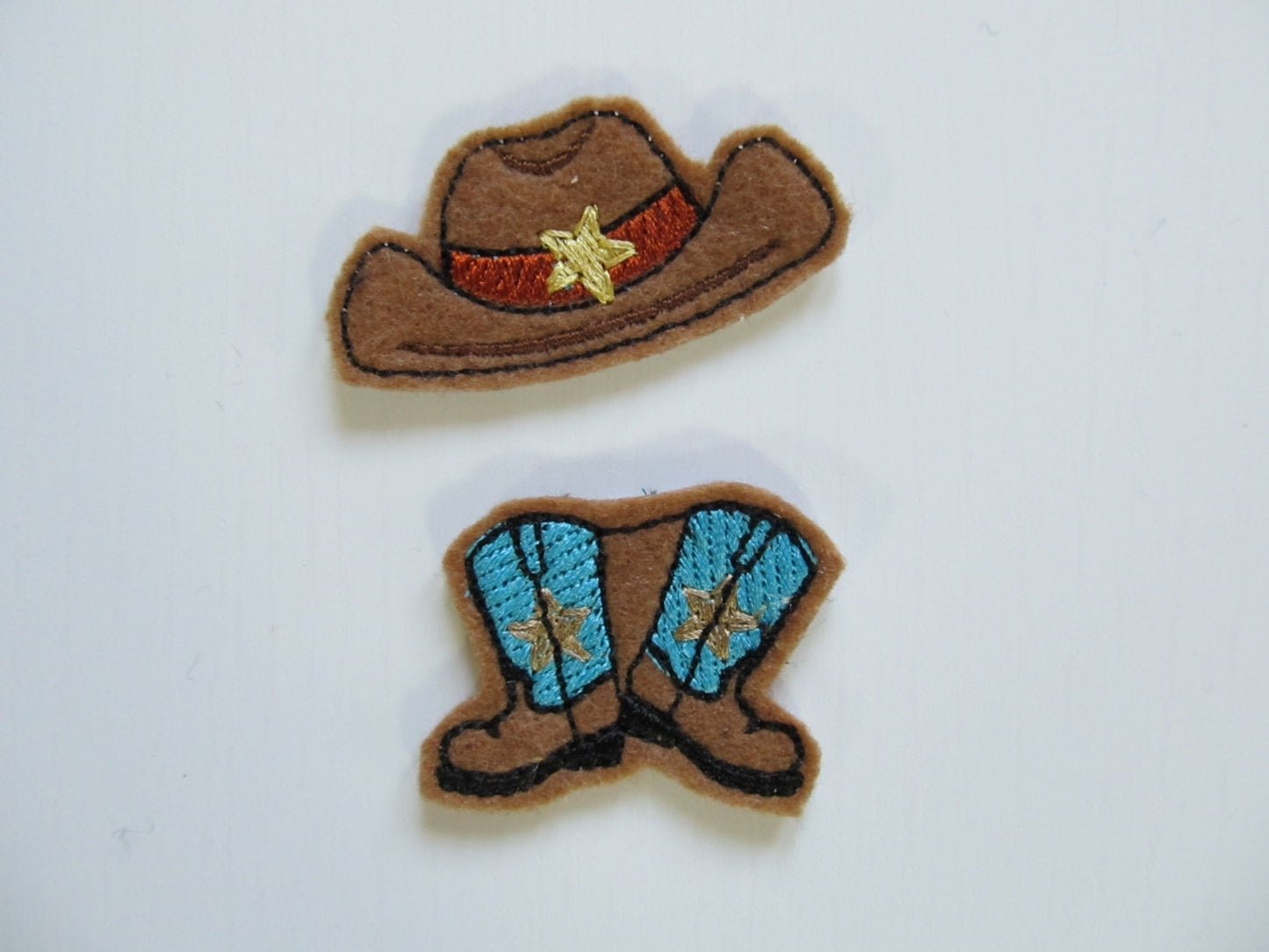 Kicking boots and cowboy hat key fob, feltie, keyfob machine embroidery