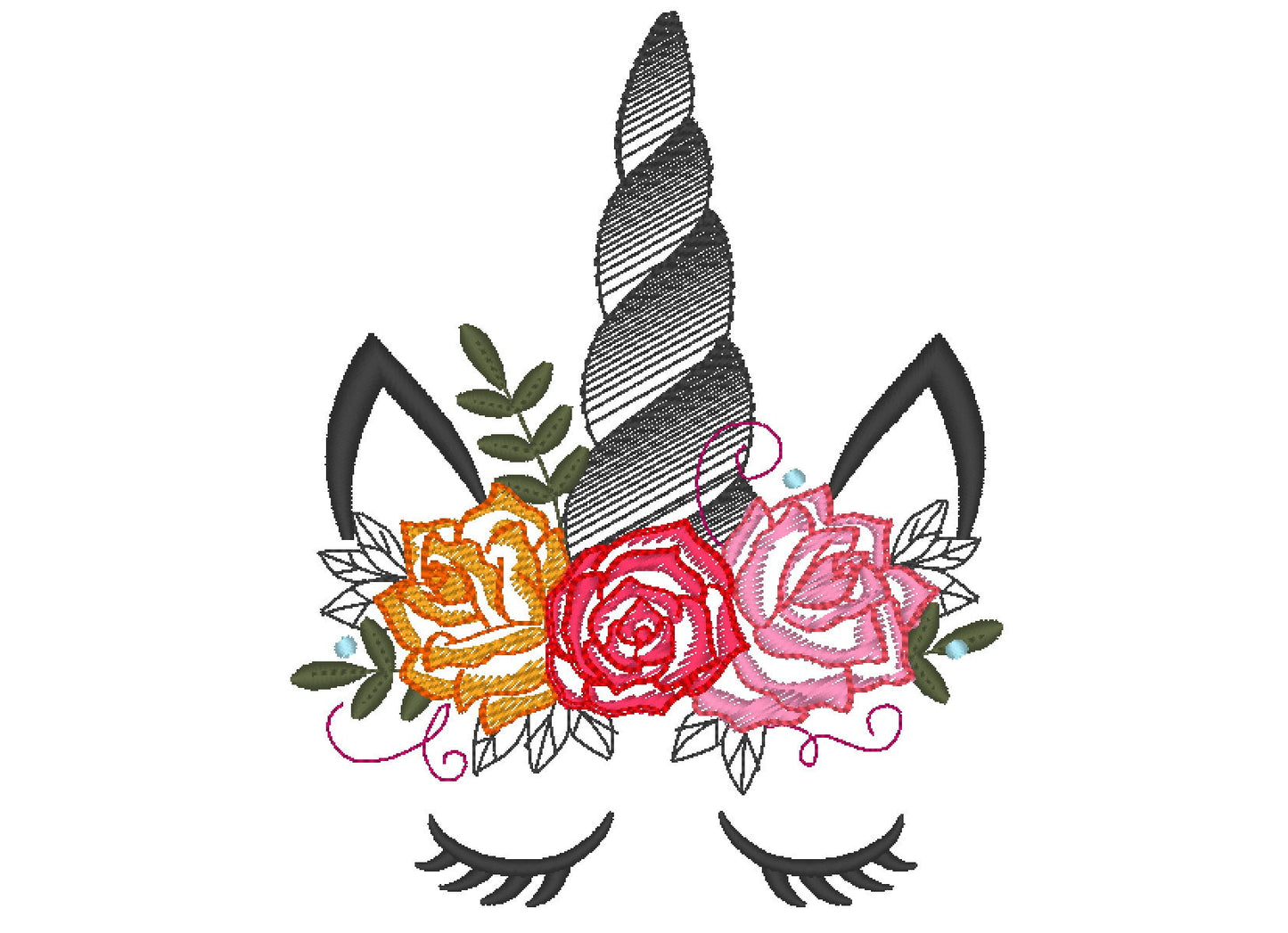 Unicorn drawing sketch embroidery design with shabby chick roses