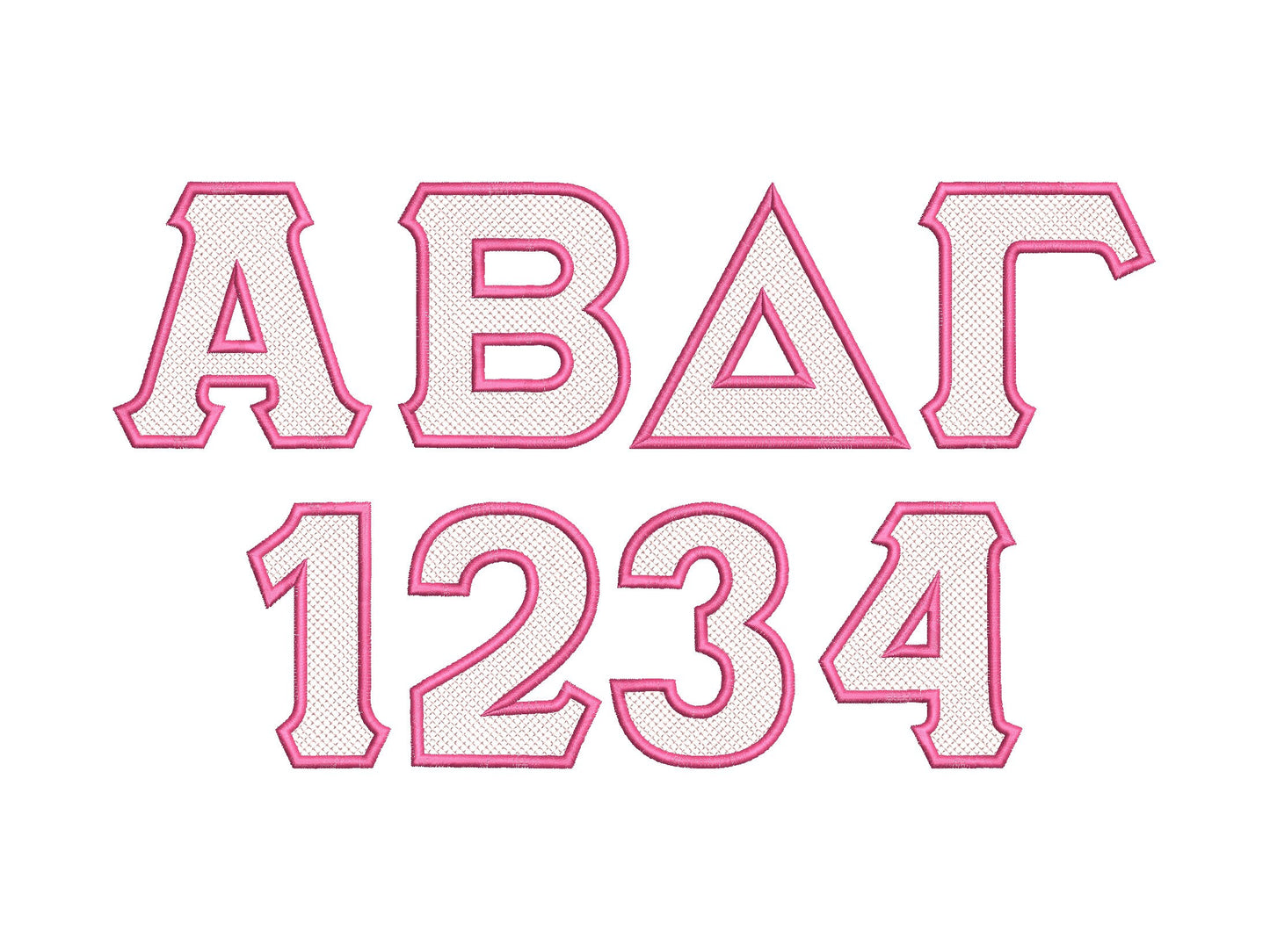 Glitter Greek Font light stitch diamonds and satin stitch outline