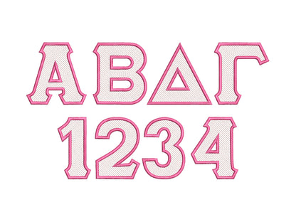 Glitter Greek Font light stitch diamonds and satin stitch outline