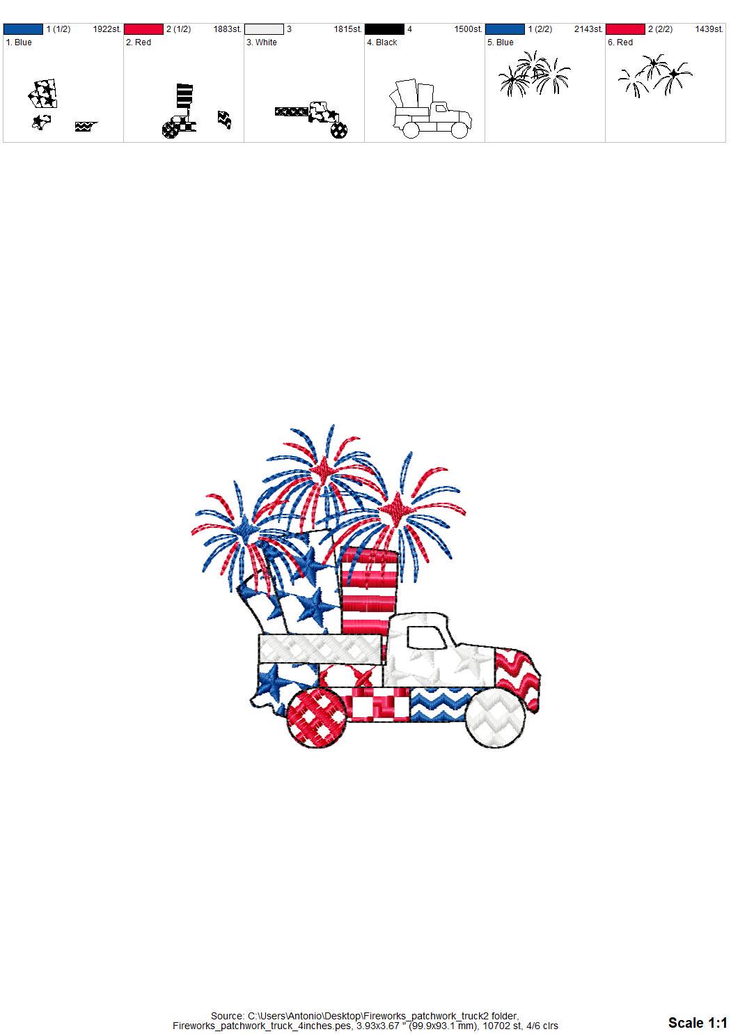 Patriotic Patchwork Red Truck with Fireworks patterned Truck outline