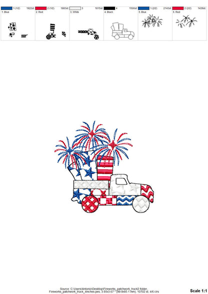 Patriotic Patchwork Red Truck with Fireworks patterned Truck outline
