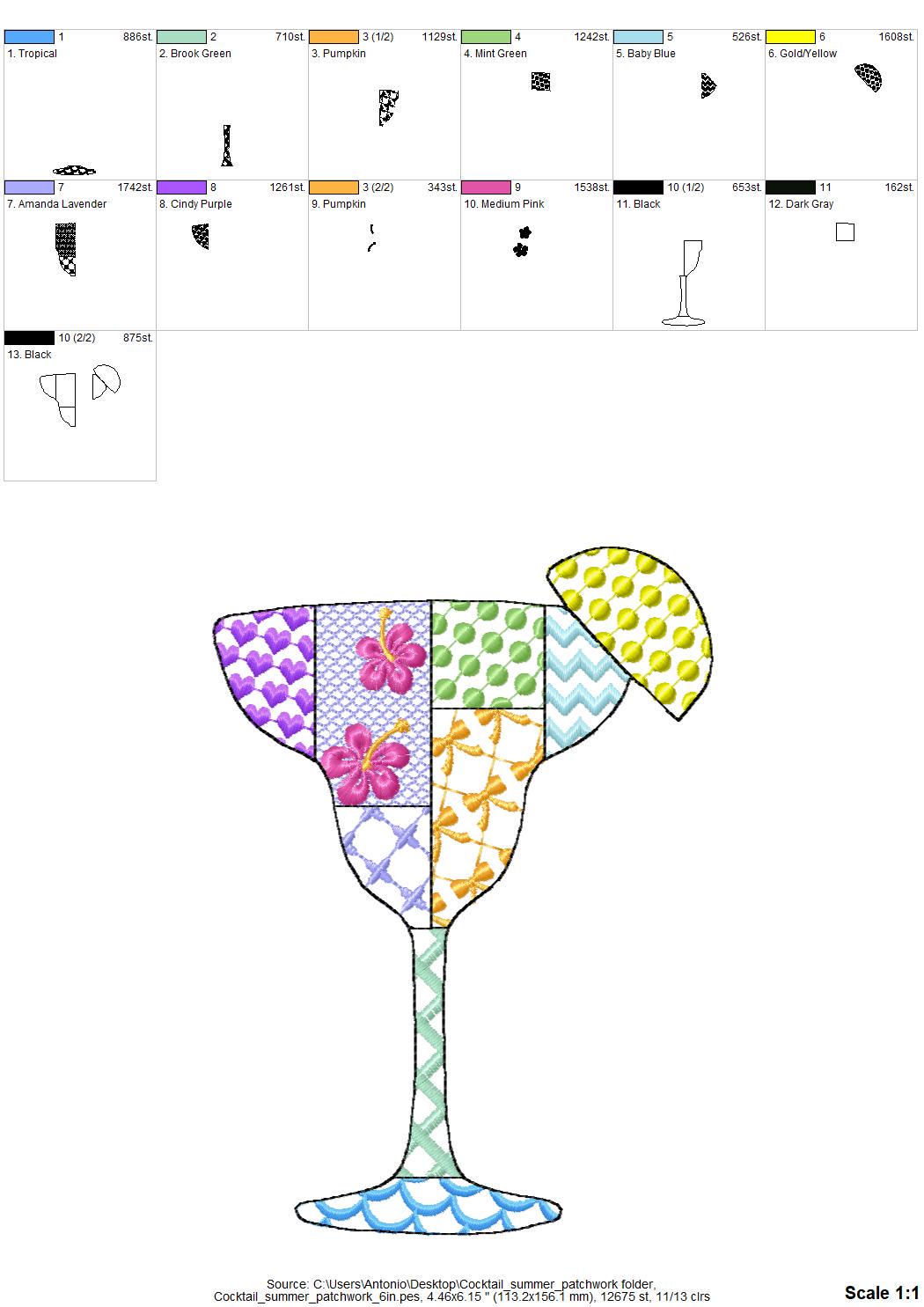 Patchwork Summer Martini Cocktail or Dessert Drink Glass beach pool