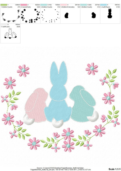 Three Bunnies in a row Floral Frame