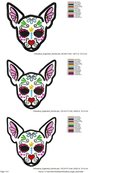 Chihuahua Sugar Skull applique design, dog skull embroidery, 4x4, 5x7
