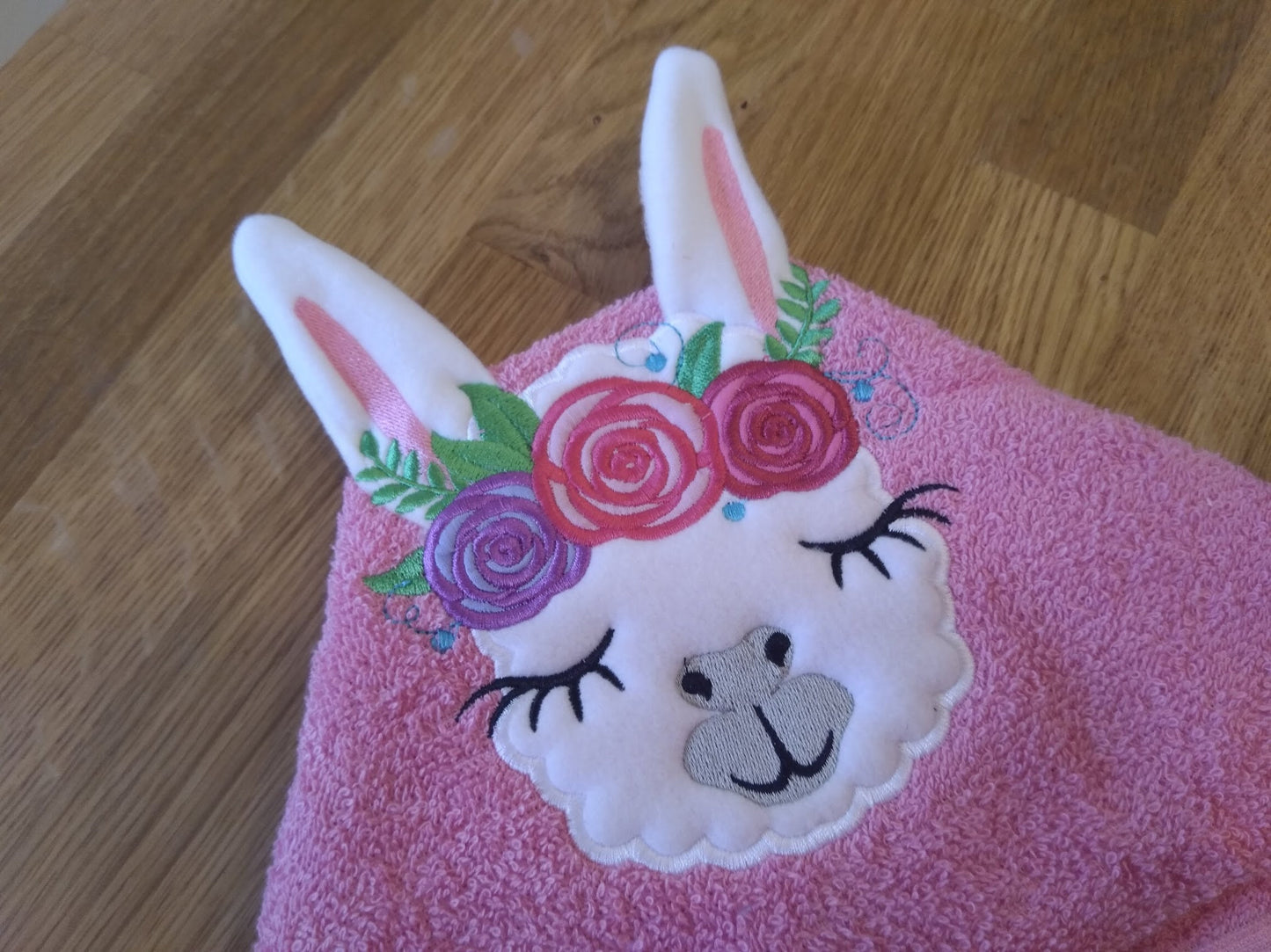 Hooded Towel Llama with Rose Crown