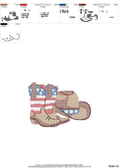 Cross stitch Cowboy Boots and Hat USA flag patterned patriotic 4th of