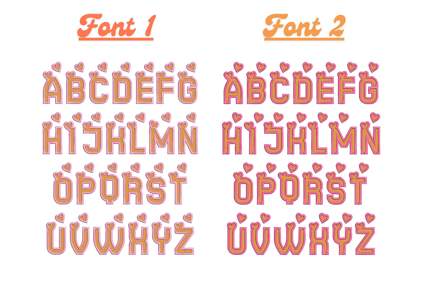 Heart Monogram FONT fill stitch and satin outline alphabet SET of 2