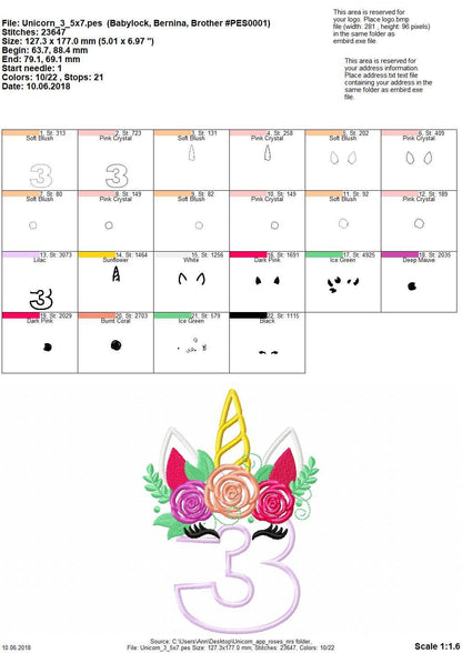 Floral Unicorn Birthday Numbers Applique