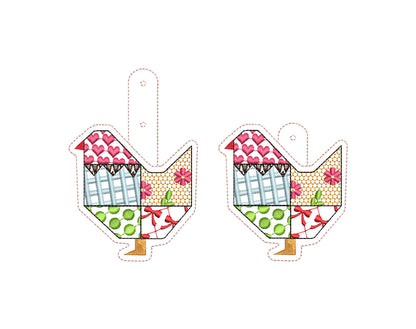 Patchwork Folk Chicken 2 types Eyelet and Key Fob snap tab ITH in the