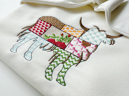 Patchwork Highland Cow patterned Cow silhouette machine embroidery