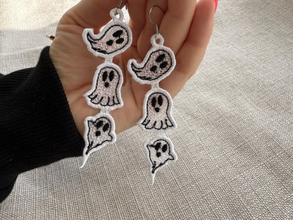 Spooky Ghosts in a row dangle Earrings ITH in the hoop FSL freestanding