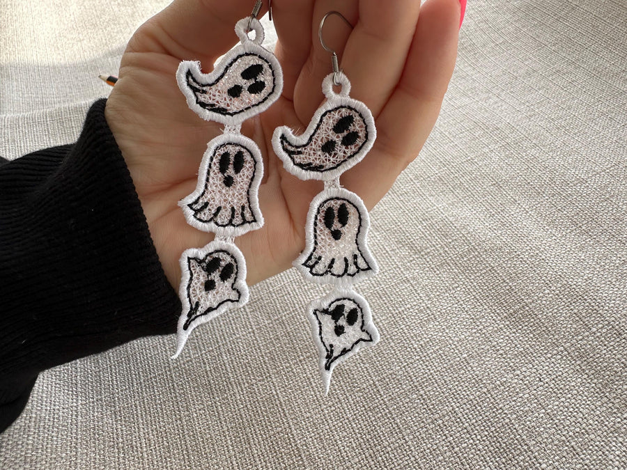 Spooky Ghosts in a row dangle Earrings ITH in the hoop FSL freestanding