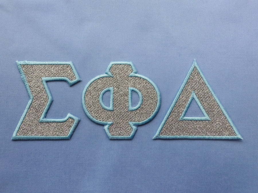 Glitter Greek Font light stitch diamonds and satin stitch outline