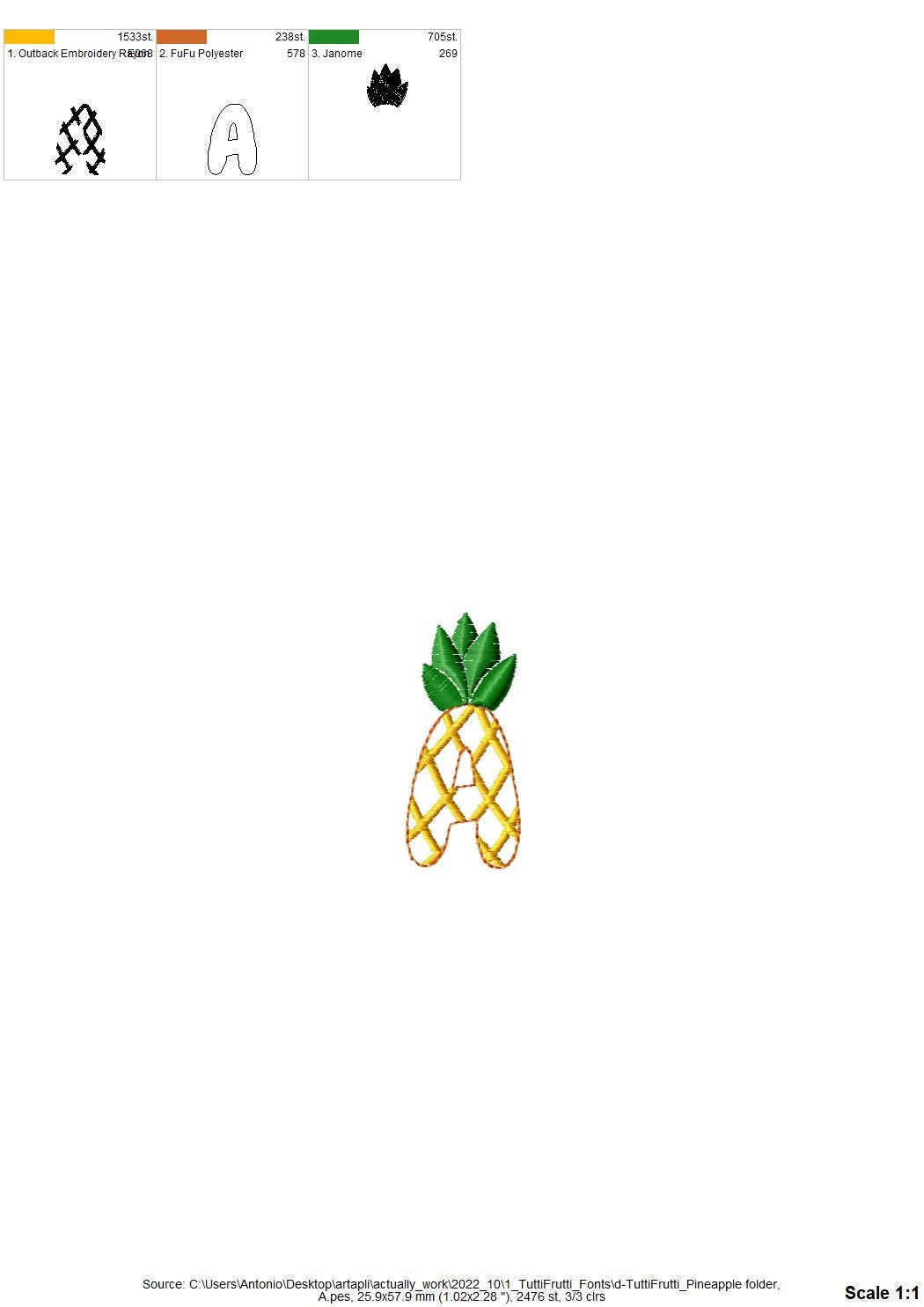 Tutti Frutti Pineapple fruit FONT machine embroidery designs in