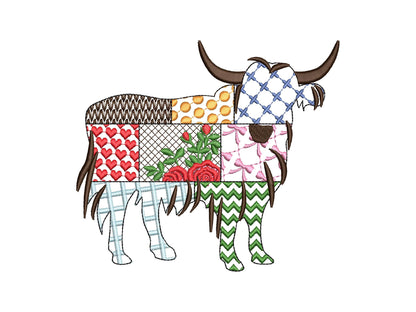 Patchwork Highland Cow patterned Cow silhouette machine embroidery