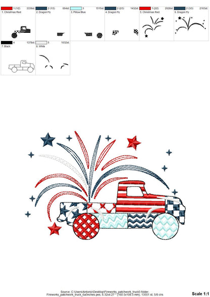 Patriotic Fireworks Patchwork Red Truck