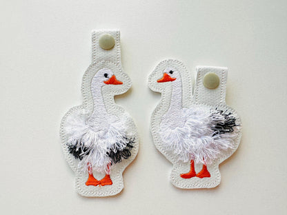Fringed Geese key fob snap tab SET of 2 Goose keychain in the hoop