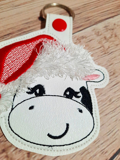 Fringed Cow Santa Hat Keychain