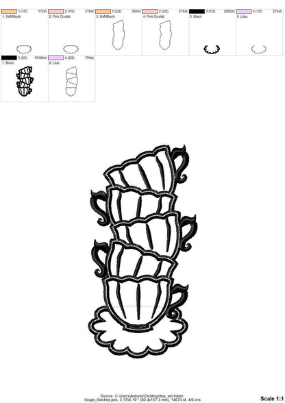 Tea Party Teapot and Stacked teacups Applique SET of 7 types curved