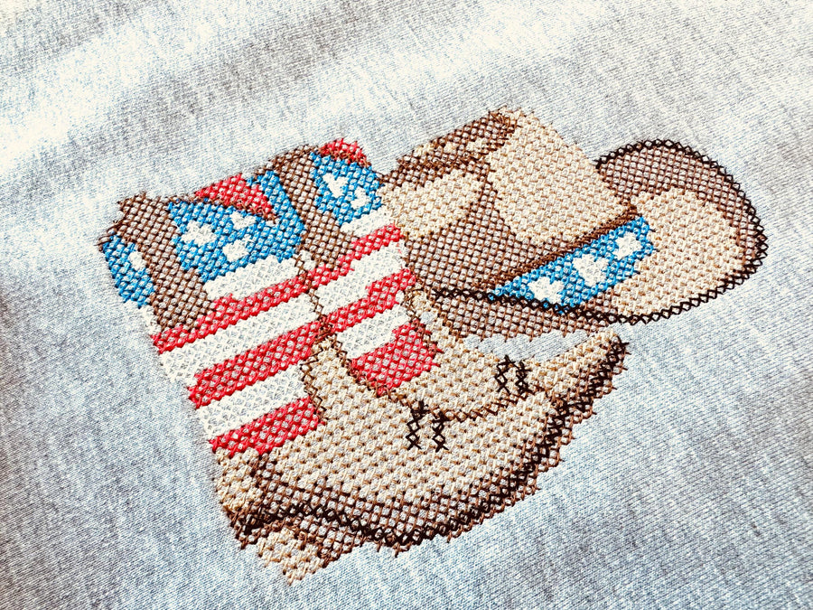 Cross stitch Cowboy Boots and Hat USA flag patterned patriotic 4th of